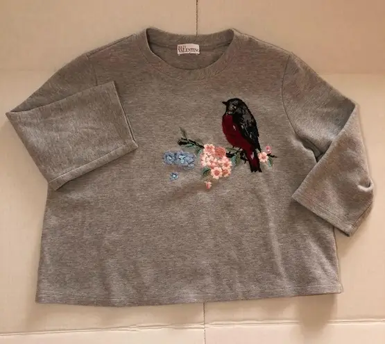 Red Valentino Sweatshirt Embroidered Sequins & Lace Bird & Floral Sz L EUC