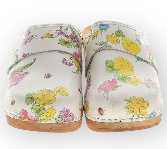 Buxa Floral Leather Clogs Wooden Sole Slip