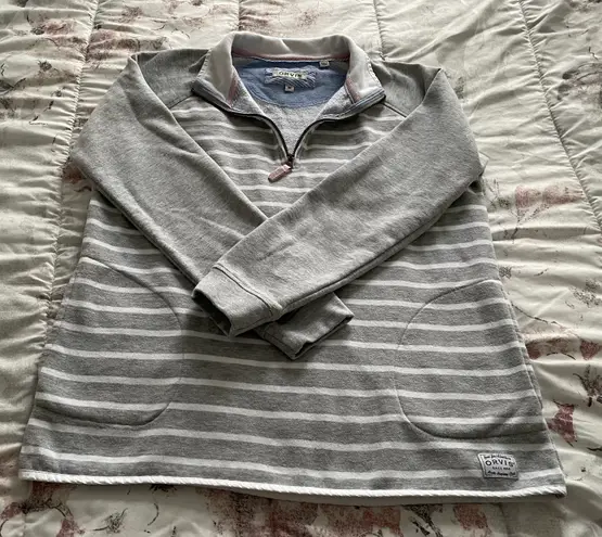 Orvis Striped Gray 1/4 Zip Logo Pockets Pullover Sweatshirt, size M