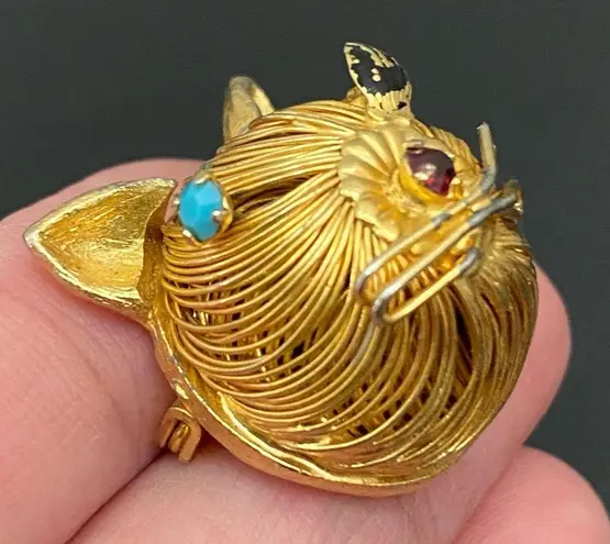 Head Vintage Unsigned Gold-tone Wired Cat CZ Stones Small Cat Brooch