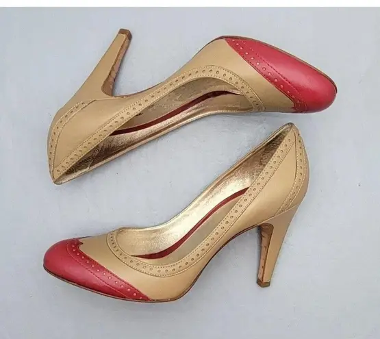 Pour La Victoire Tan / Red Leather Mary Janes Pumps Heels Women's Size 9.5