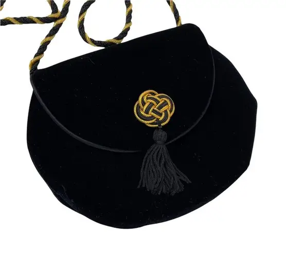 Vintage Black Velvet Clutch Bag Gold & Black Detailing and Corded Shoulder Strap