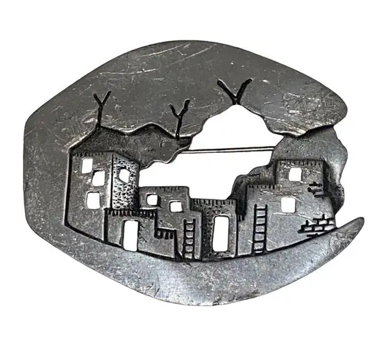 Vintage 1988 JJ 3D Building Pewter Silver Tone Pueblo Adobe Scene Pin Brooch