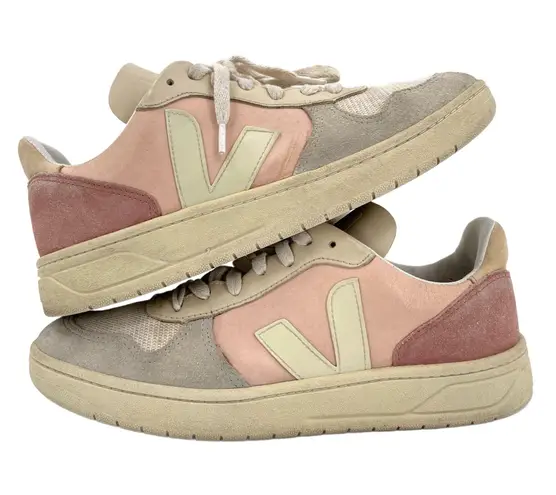 VEJA V-10 Multico Nude Colorblock Sneakers Suede Leather Pink Blue Cream Size 8