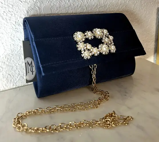 Jessica McClintock Navy Satin Evening Bag Womens NWT Rhinestone Pearl Chain