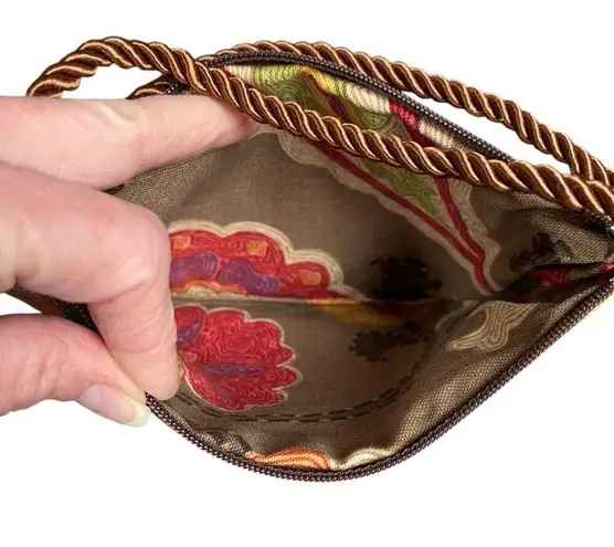 Women's brown orange tan zippered wristlet pouch clutch bag rope wrist strap