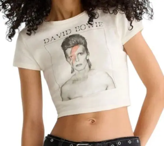 Women's David Bowie Crop White Graphic Tee Shirt Juniors Size Large NWT #4723 Black