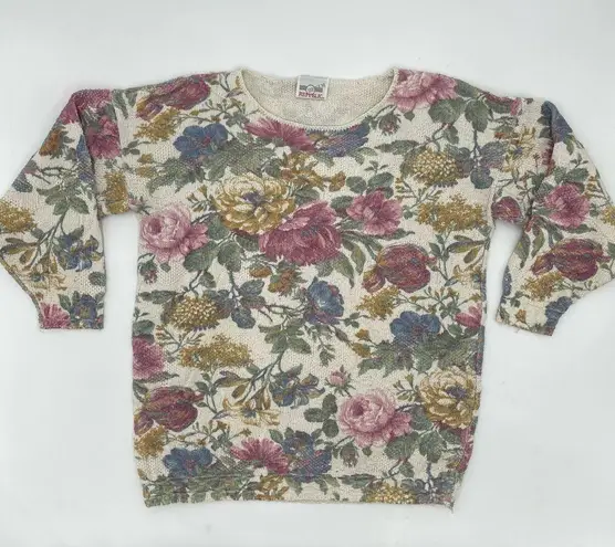 Vintage Floral Sweater Women Cotton Polyester Pullover Cottage Retro Casual Twee White Size M