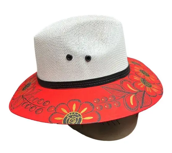 HAT MEXICAN Artisanal Hand Painted Fedora Floral Sombrero Panama Bohemian Red