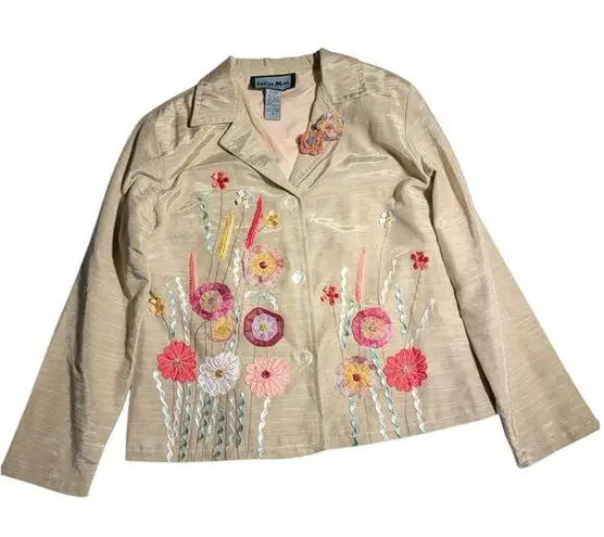 Vtg Y2K Indigo Moon Beige Floral Embroidered Embellished Blazer Jacket Sz S Tan