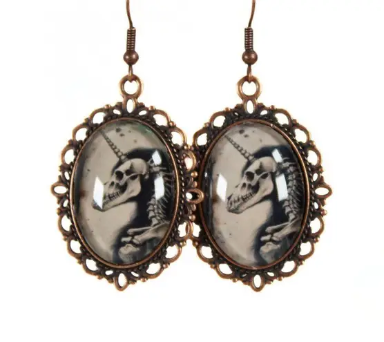 Handmade Gothic Victorian "Ethereal Bones" Gothic Skeleton Unicorn Cameo Earrings