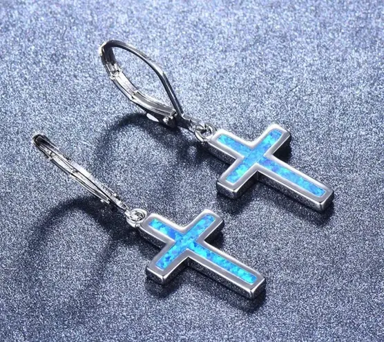 Shiny Opal & Silver Cross Pendant Earrings, Holy Land Jerusalem Catholic Charm