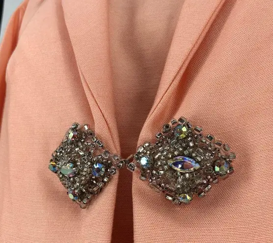 60’s Vintage 2 Piece Peach Sleeveless Rhinestone Beaded Collar Dress and Jacket Size M