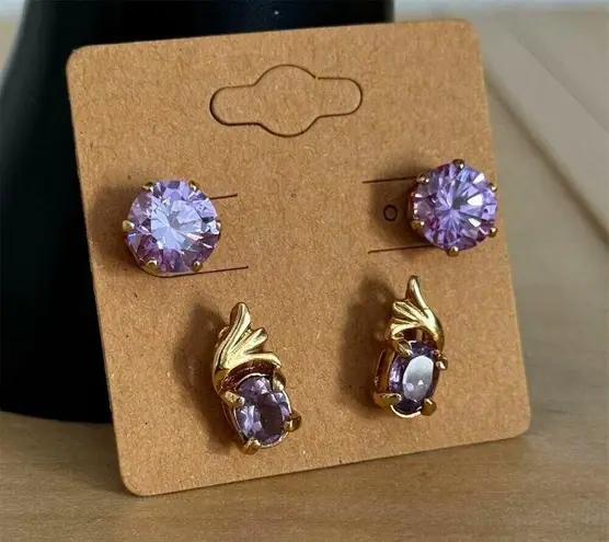 Gold Plated Lavender Zirconia Stud Earrings Anniversary Elegant Gift Set of 2 Purple