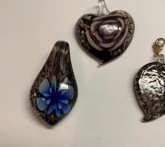 Handmade Lot Of 3 Costume Pendants / Charms - Blown Art Glass Mix - Heart Flower Etc