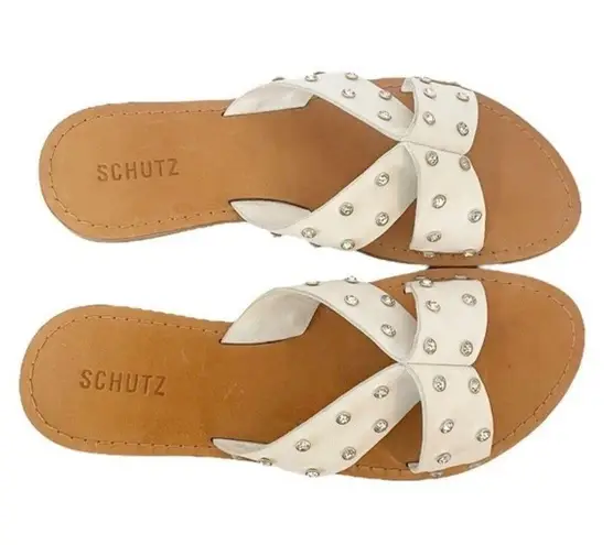 Schutz NWT Marilu Sandal White Leather Rhinestone Studded Slide Women’s Size 9.5