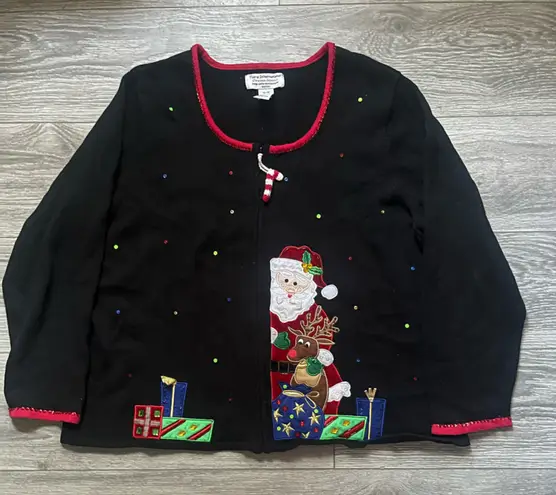 Tiara International Black Santa Christmas Full Zip Cardigan Sweater Size 14/16
