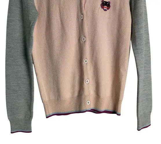 Kenzo Tiger Patch Pink Gray Colorblock Wool Cardigan Sweater Size Small