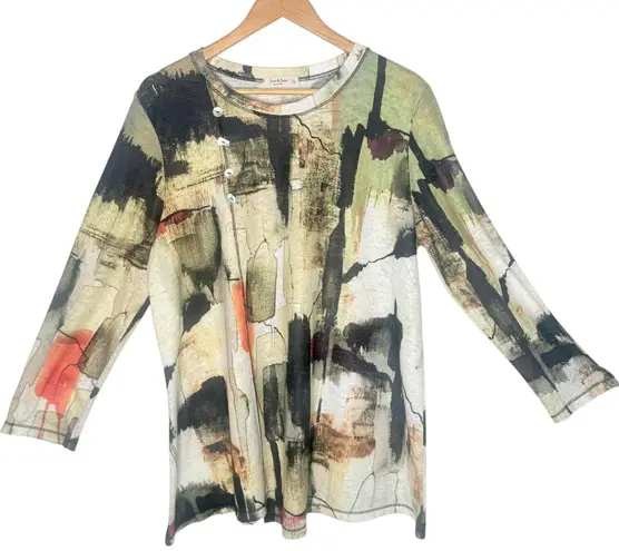 Jess & Jane Abstract Print Tunic Top Women XL Button Artsy Eclectic Statement Black
