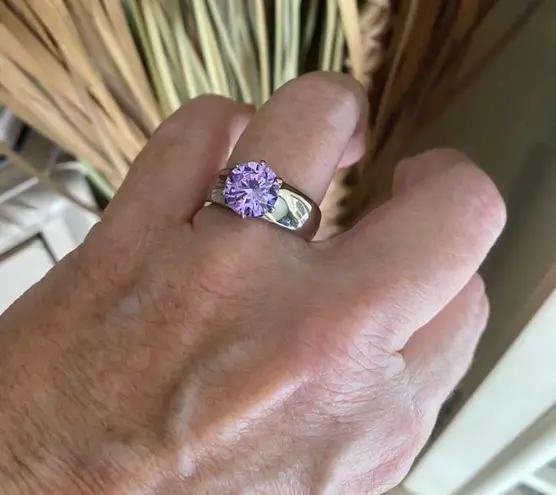 Amethyst High polished Stainless Steel Ring with AAA Grade CZ Size 9