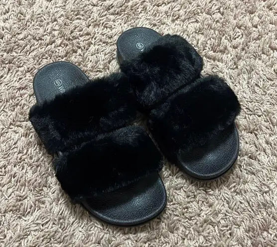 Wild Diva Black Faux Fur Double Band Slides