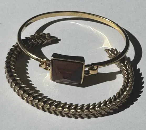 J. CREW Bracelet Set of 2 Gold Tone Bangle Square Wood Bead Bronze Leaf Cuff