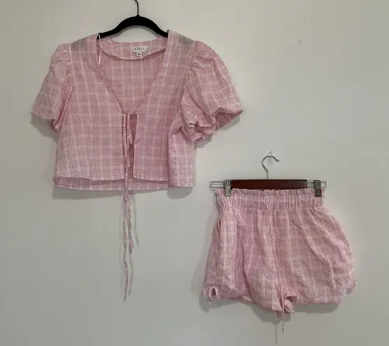 MABLE Pink White Gingham Check Puff Sleeve Crop Top Shorts Set Women's Size S