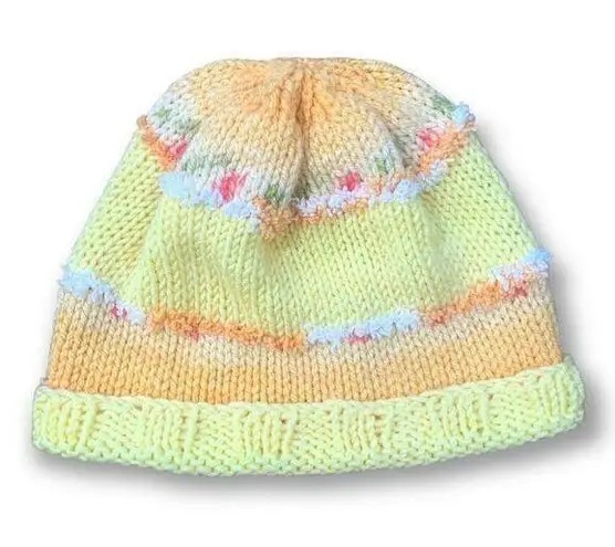 Handmade Knit Beanie Hat Ombre Pastel Yellow Orange Floral Winter Accessory