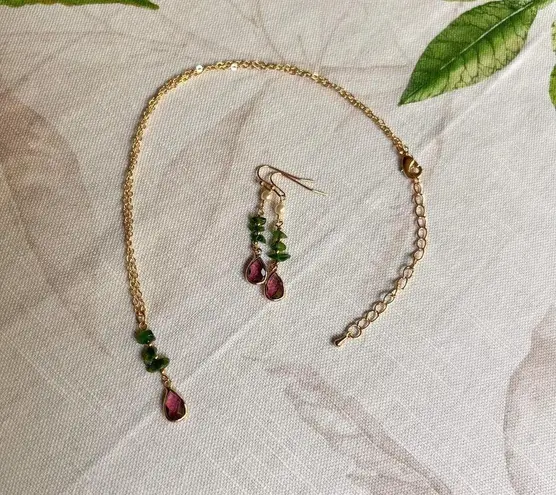 Jewelry Set Green Tourmaline Garnet Pearl Boho Bohemian Minimalist Casual Gift