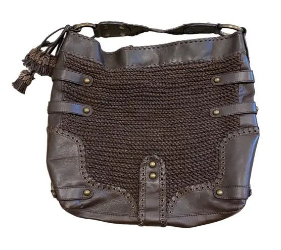 Y2K Isabella Fiore Carina Hobo Dark Brown Knitted Real Leather 16'hx14L Boho Bag