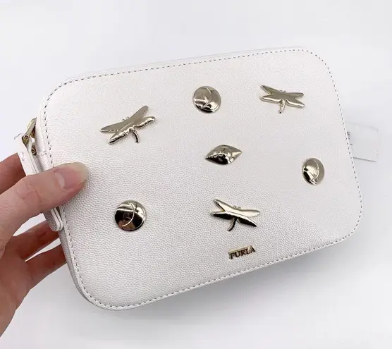 Furla NWT Brava Zaffir Mini Crossbody Chalk White Pebble Leather Gold Hardware