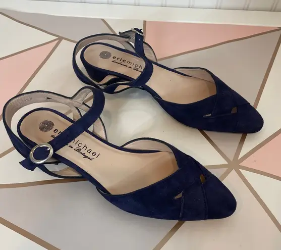 Eric Michael Navy Made In Portugal Suede Camila Low Heel Flats Sling Back Size 7