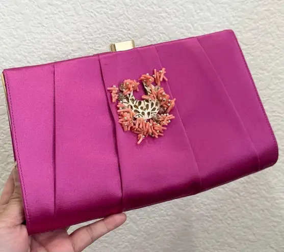 Oscar de la Renta Pink Satin Coral Bead Embellished Clutch Evening Shoulder Bag