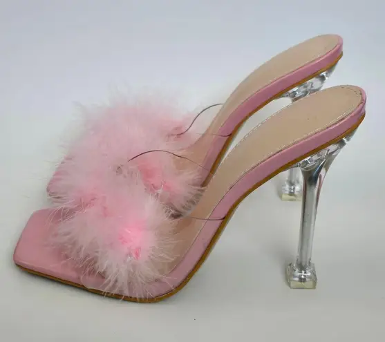 Pink Fluffy Feather PVC Stilletto Mule Heels Size 39