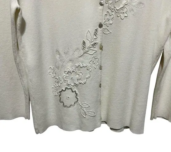 Ruby Rd Women Cardigan Sweater Ivory Embroidered Beaded Cottagecore Boho Classic Size L