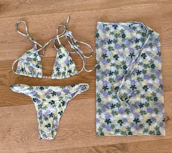 437 x Viviana Audi Floral Triangle Bikini Set & Sarong in Green Purple & Yellow