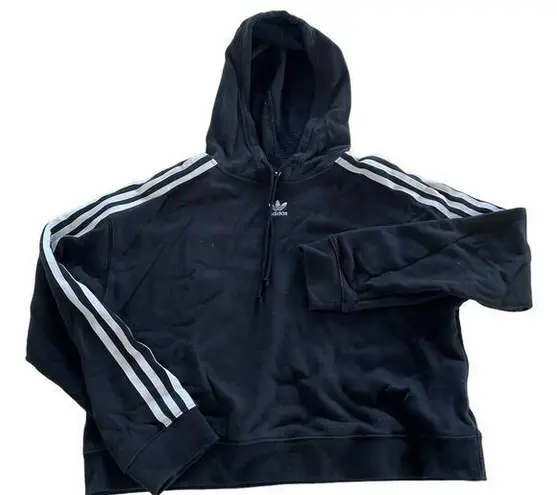 Adidas  Hoodie Womens Small Black Drawstring 3 Striped Pullover Cotton