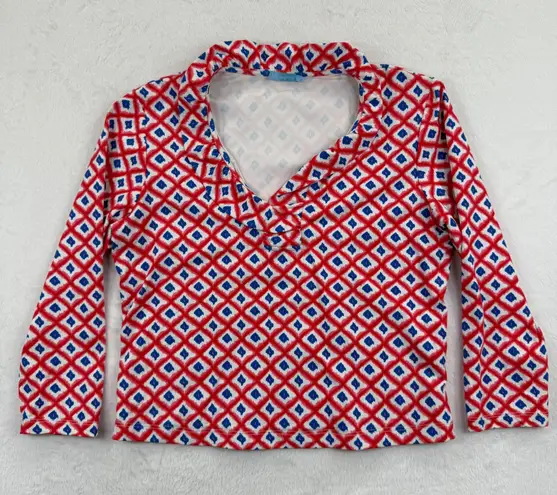 J. McLaughlin Catalina knit Small Blouse Top Red Blue Diamond Print Long Sleeve