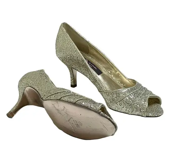 Nina new 𖦹 Sparkly Glittery Peep Toe Kitten Heels 𖦹 Champagne Gold 𖦹 6.5M 𖦹