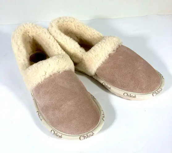 Chloé Chloe Woody Suede Genuine Shearling Closed Logo Slippers Maple Pink 41 US 11 NEW