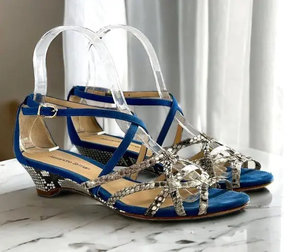 Alexandre Birman Blue Nubuck Leather and Snakeskin Wedge Heel Sandals Size 36.5