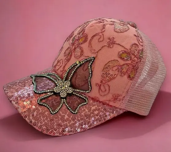 Butterfly Beaded Retro Floral Sequined Rhinestone Y2K Statement Trucker Hat Pink