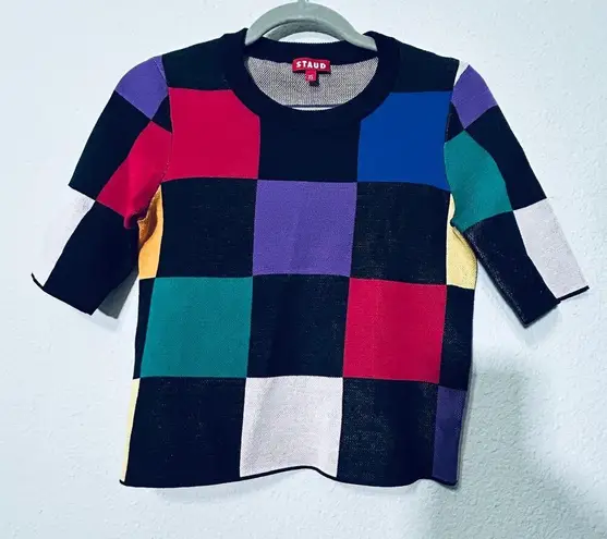 Staud Bain Checkered Knit Short Sleeve Crewneck Top Size XS Y2K Pixar Arthoe Black