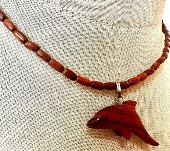 Wood beaded dolphin pendant necklace Brown