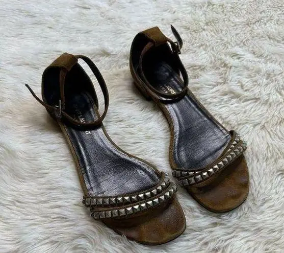 Saint Laurent Tan Studded Suede Ankle-Strap Flat Sandal Women's 38.5