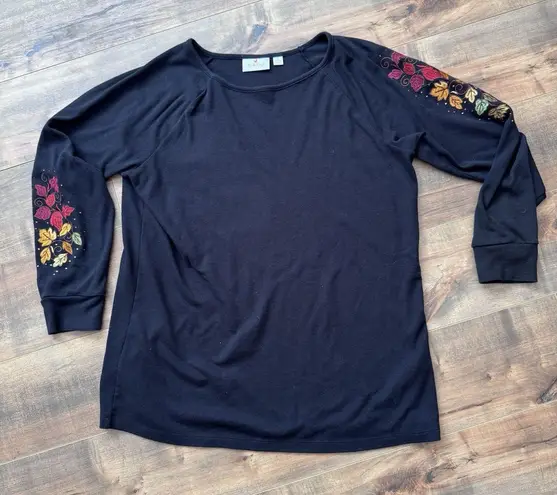 Vintage Quacker Factory Fall Autumn Sweater Embroidery Leaves Rhinestones Large Black