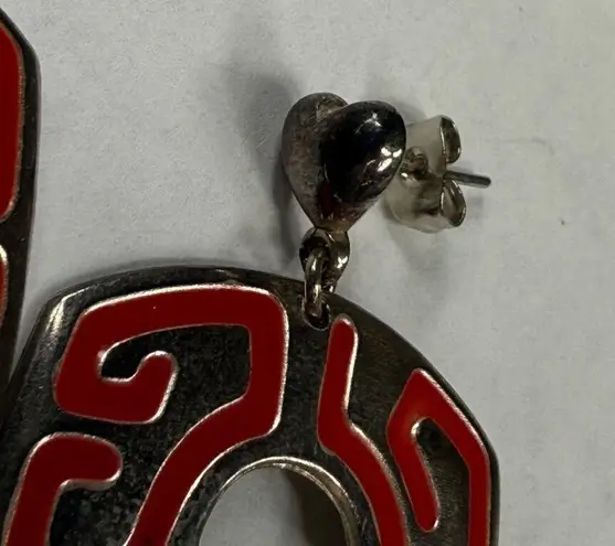 Retro Red and Silver Color Metal Dangle Earrings Pierced Post Aztec Tribal