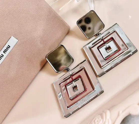 Miu Miu Rare Mirrored Geometric Square Dangled Clip-On Earrings