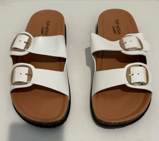 Top Moda Comfort Luca White Sandals Double Strap Slide Sandals Gold Buckles 9