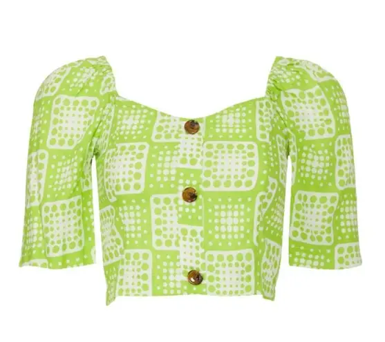 MISA Los Angeles The Odells Patchwork Crop Top LARGE Bright Green Smocked Linen Designer $148
